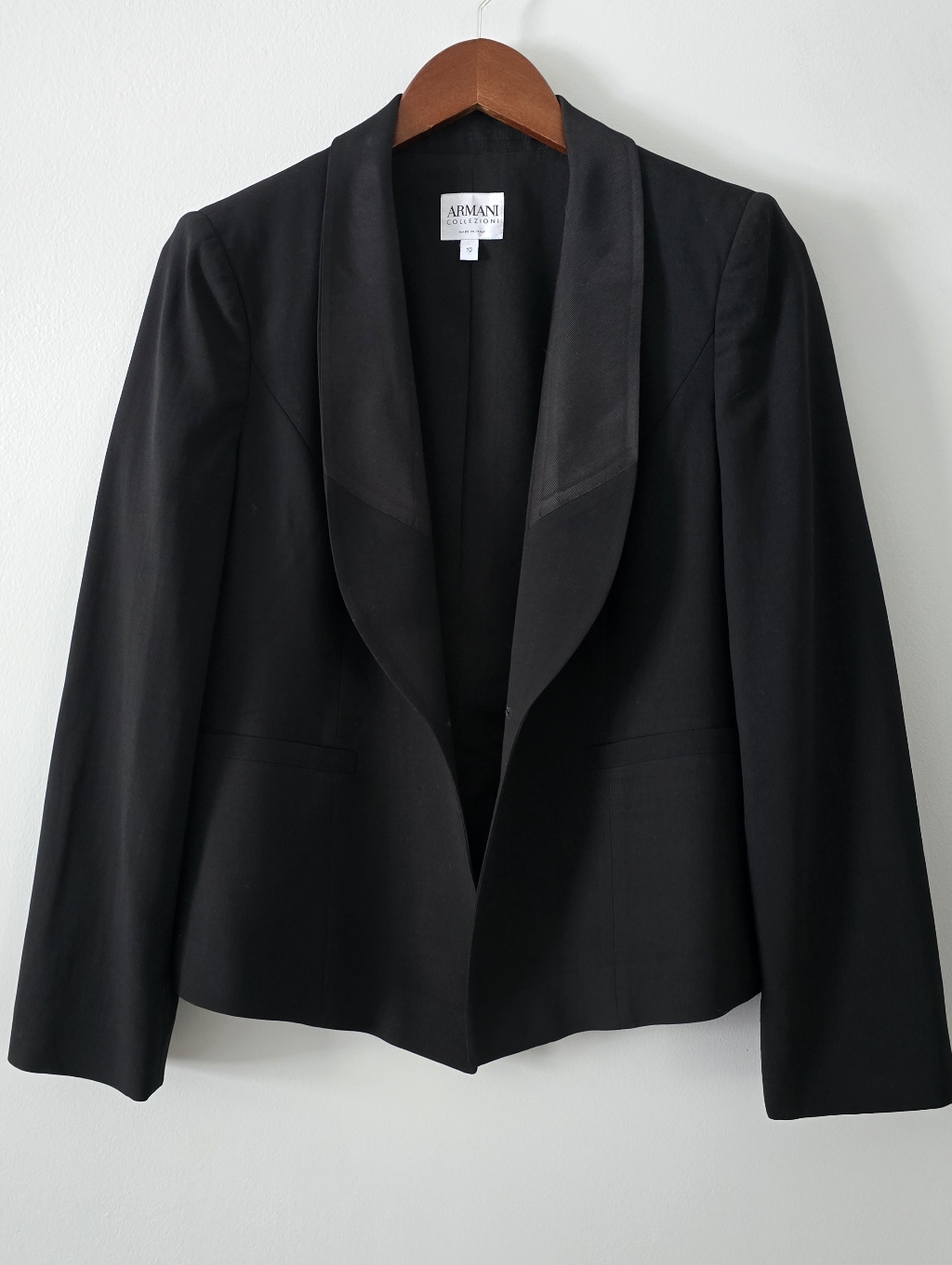 Armani Collezioni Women's Black Shawl Collar Open-Front Virgin Wool Blazer